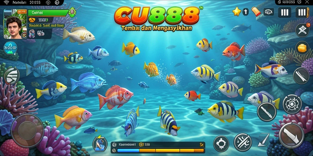 Gameplay seru CU888 saat pemain menangkap ikan dalam lautan yang indah.