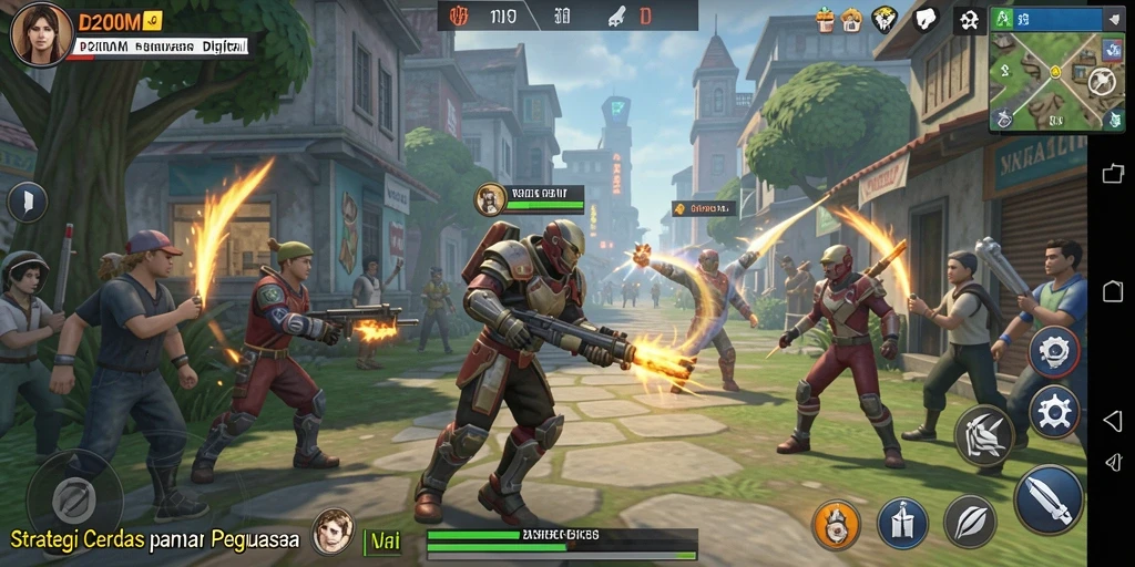 Tampilan utama gameplay D200M menampilkan pertempuran strategi yang intens.