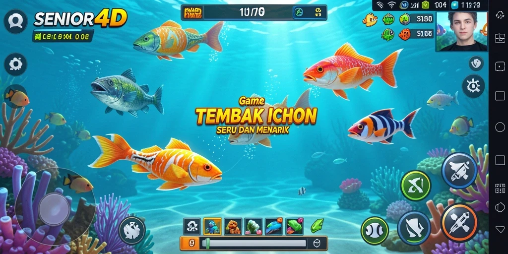 Screenshot utama SENIOR4D menampilkan aksi tembak ikan yang seru dan mendebarkan.