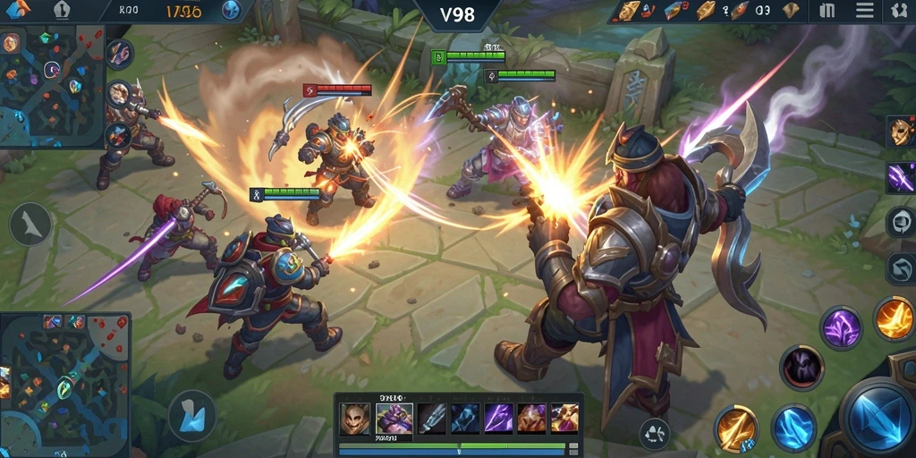 Screenshot V98 menampilkan aksi seru dalam pertempuran MOBA yang mendebarkan.