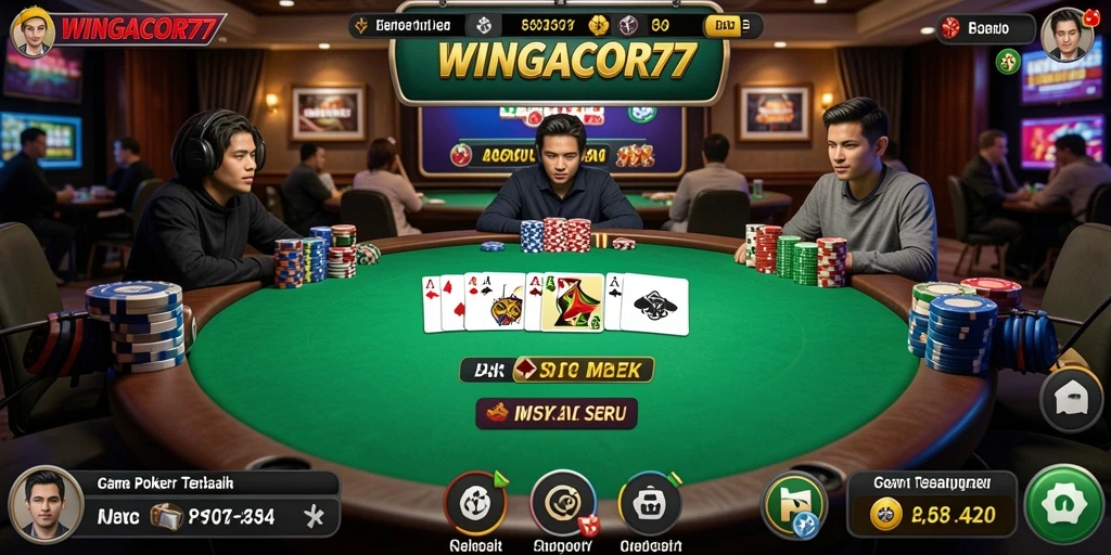 Tampilan gameplay seru di WINGACOR77 dengan teman-teman di meja Poker.